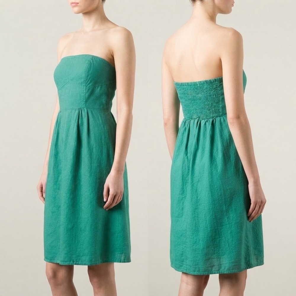 Kelly Green Strapless Linen Blend Dress Womens 14 Smocked Back Summer Coastal